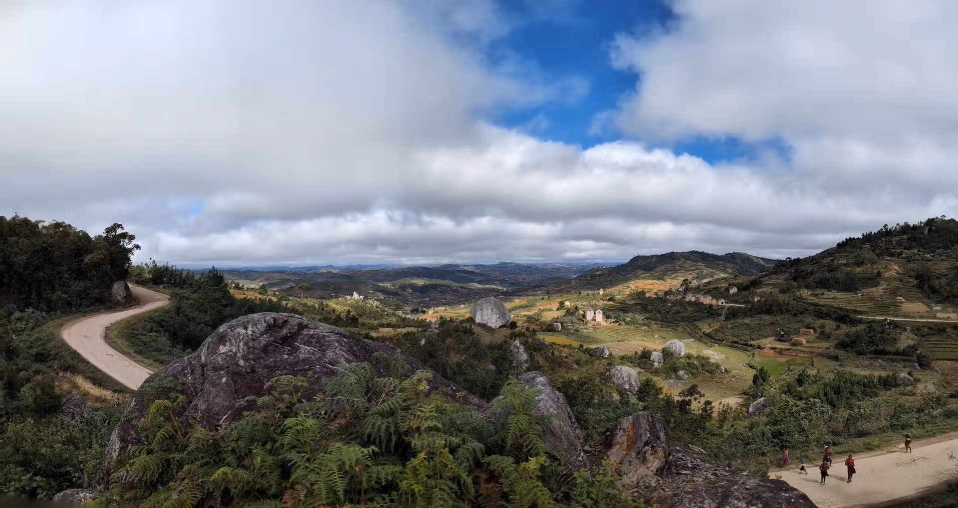 A panoramic landscape showing off the countryside of Madagascar along the RN7 between Andasibe and Ranomafana